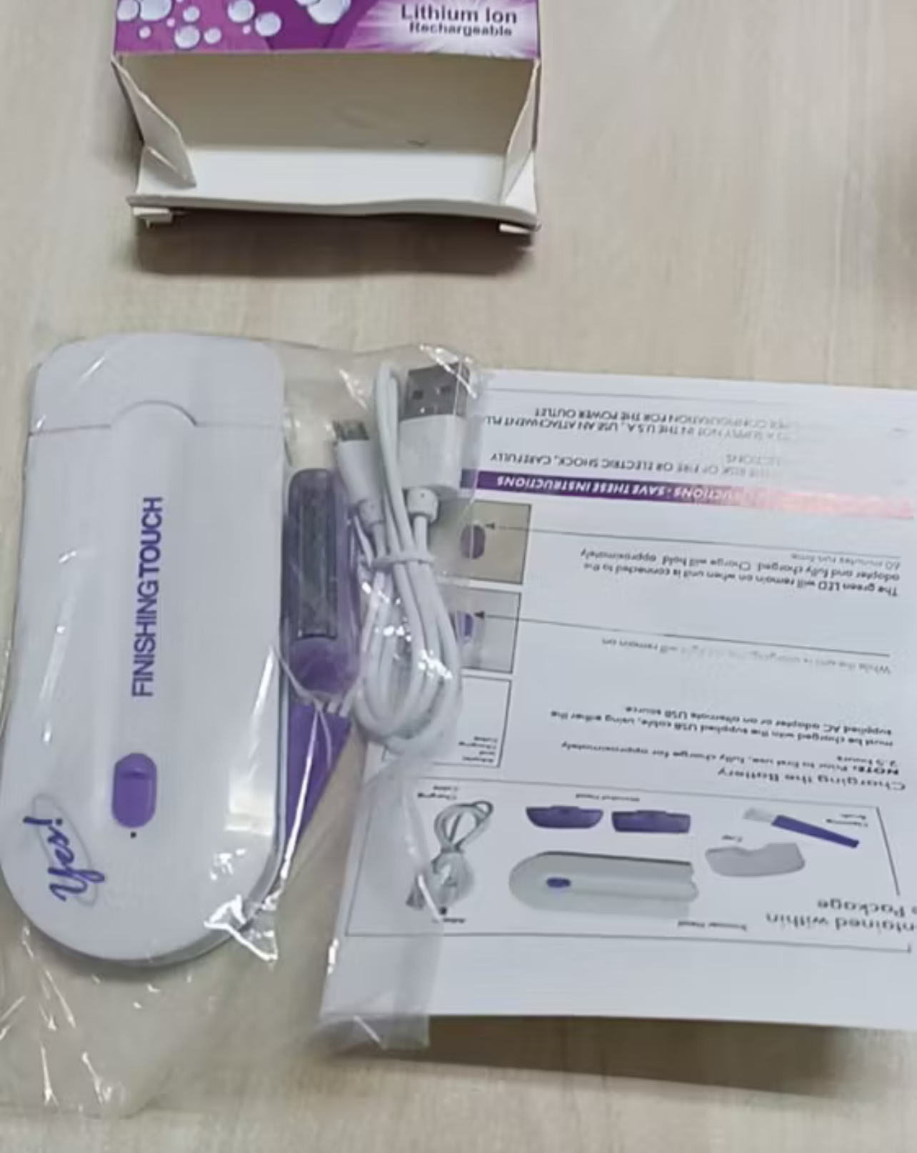 Kit real do Depilador Laser Flex com embalagem, cabo USB e acessórios